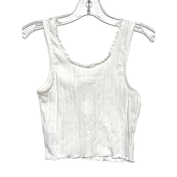 Aeropostale White Cropped Tank Top XS Henley Ribbed Ruffles Y2K Dainty Festival - Picture 6 of 7